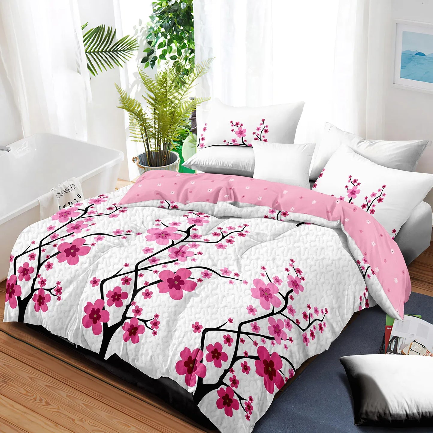 Pink Cherry Blossom Quilt Set 5 Piece Water Resistant Bedspread Queen King Cal King