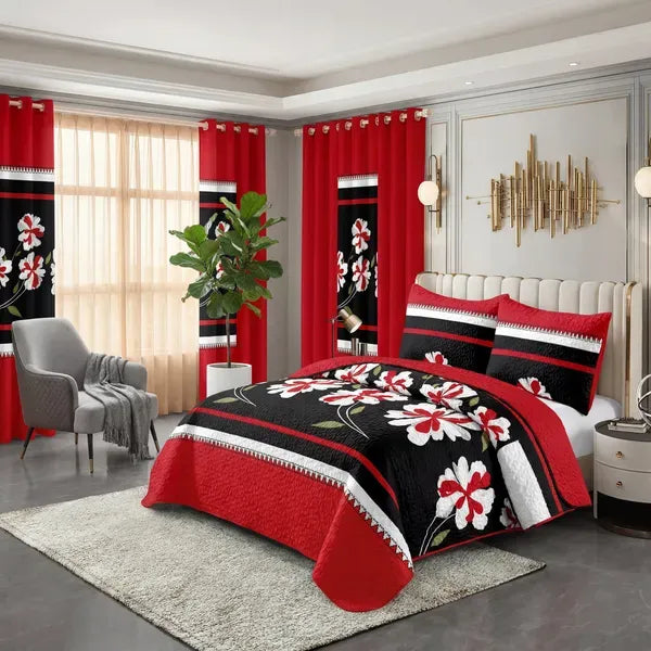 9 Piece Bed in a Bag Set Red Black Floral Bedspread Curtains King Cal King
