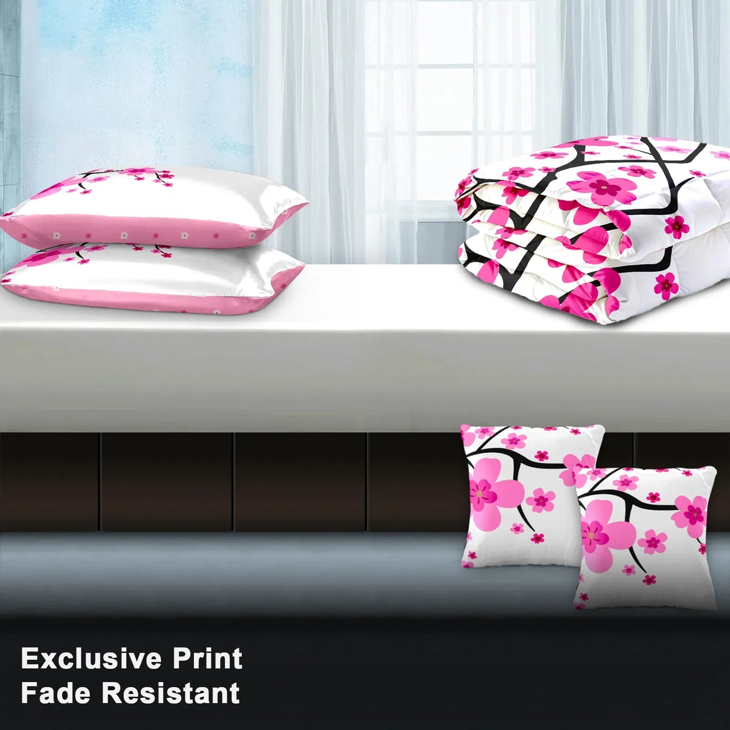 Pink Cherry Blossom Quilt Set 5 Piece Water Resistant Bedspread Queen King Cal King