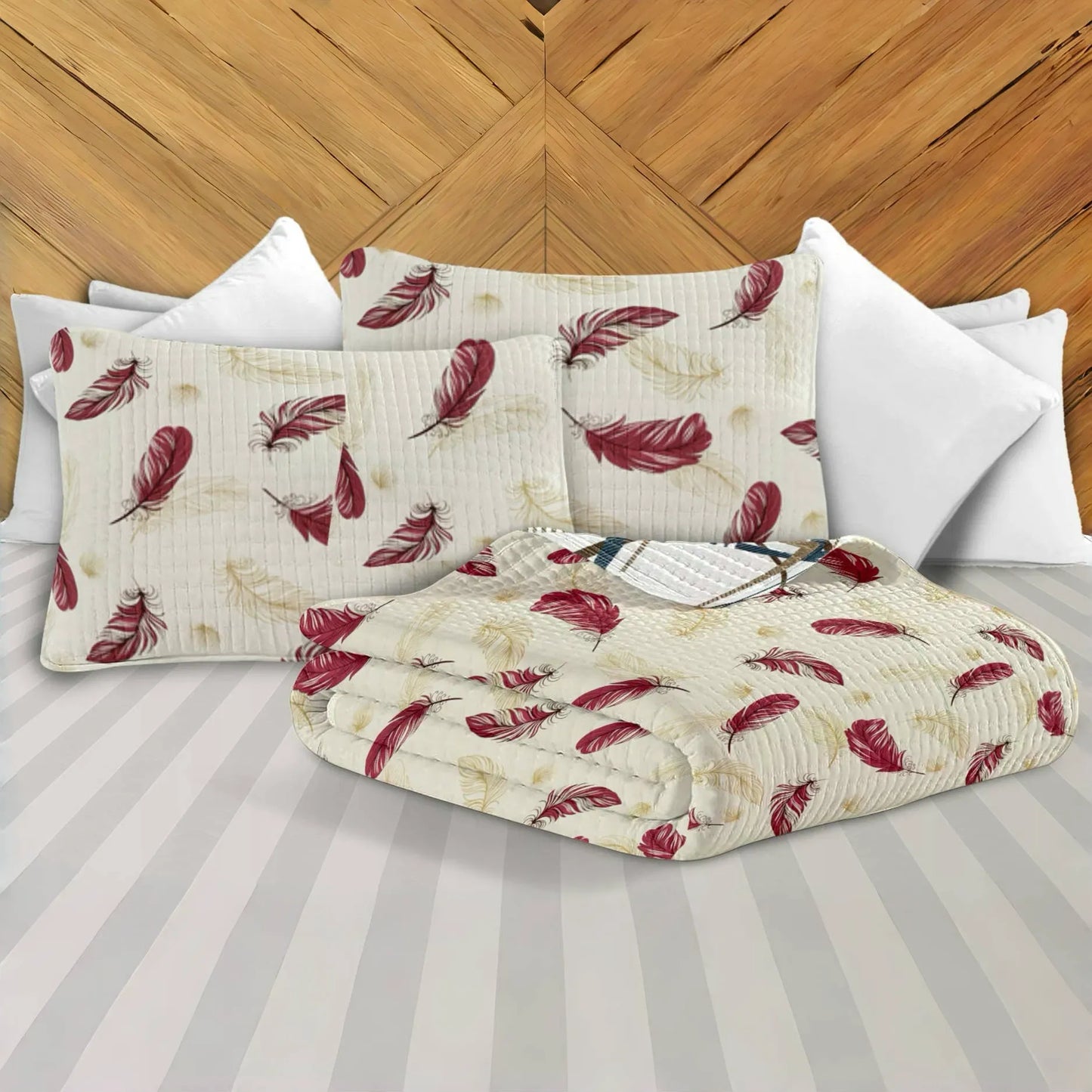 9 Piece Bed in a Bag Set Red Feather Bedspread Curtains Queen King Cal king
