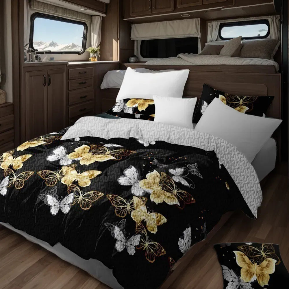 9 Piece Black Gold Butterfly Bedspread Curtain Set Queen King Cal King Bedding