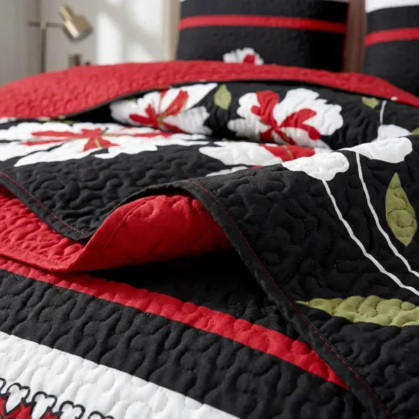 9 Piece Bed in a Bag Set Red Black Floral Bedspread Curtains King Cal King
