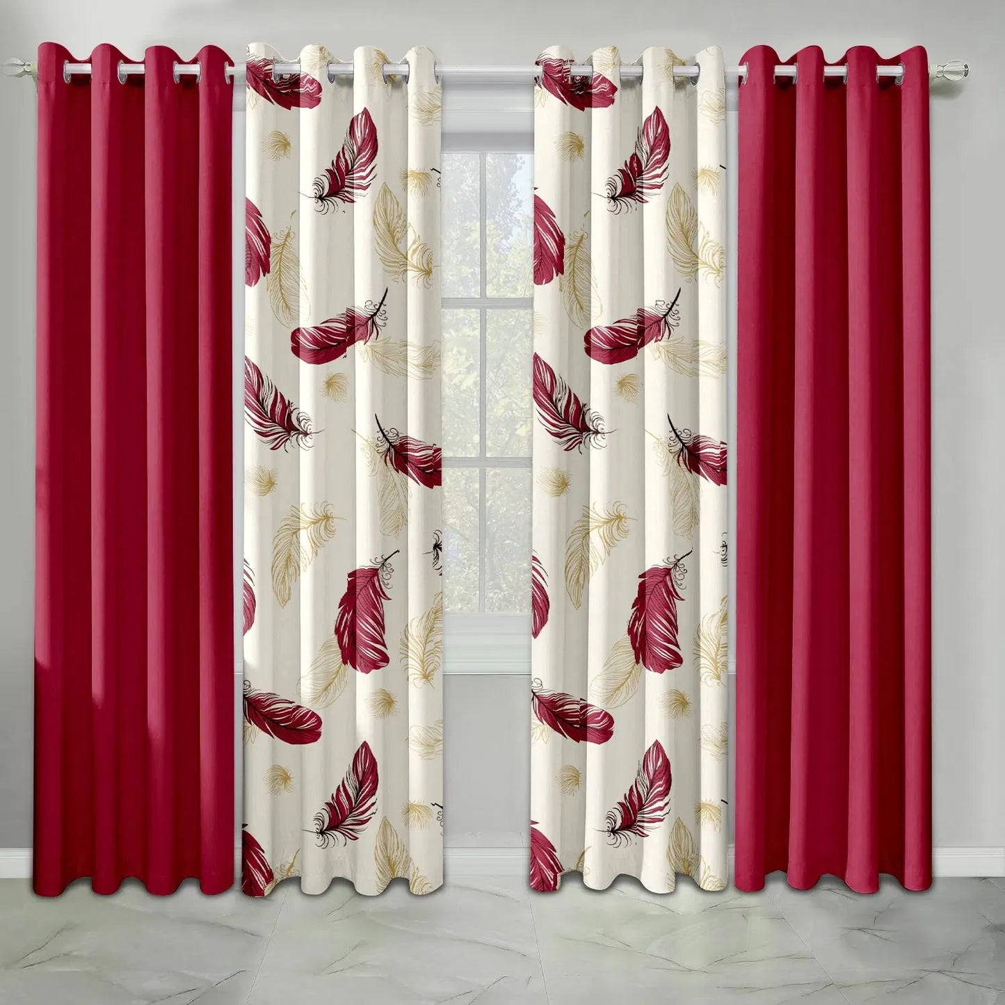 9 Piece Bed in a Bag Set Red Feather Bedspread Curtains Queen King Cal king