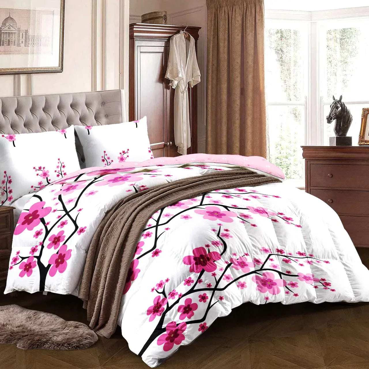 Pink Cherry Blossom Quilt Set 5 Piece Water Resistant Bedspread Queen King Cal King