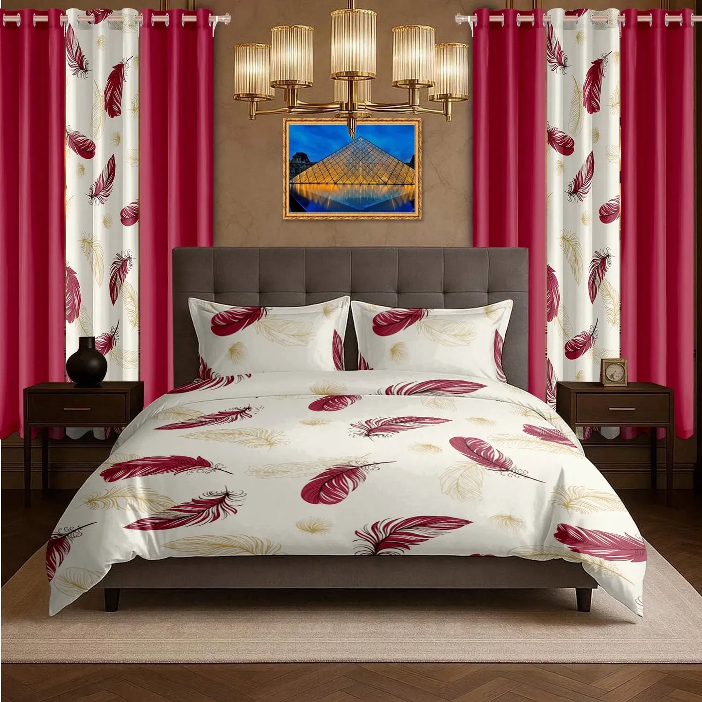 9 Piece Bed in a Bag Set Red Feather Bedspread Curtains Queen King Cal king