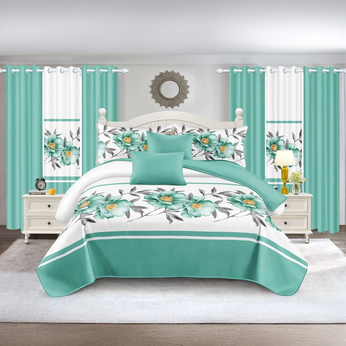 9 Piece Green Rose Floral Bedspread Curtain Set Queen King Cal King Bedding