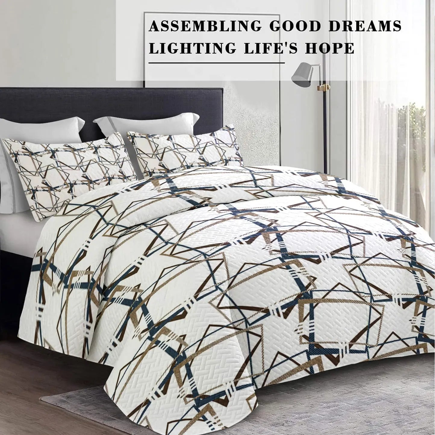 9 Piece Bed in a Bag Set Brown Geometric Bedspread Curtains Queen King Cal