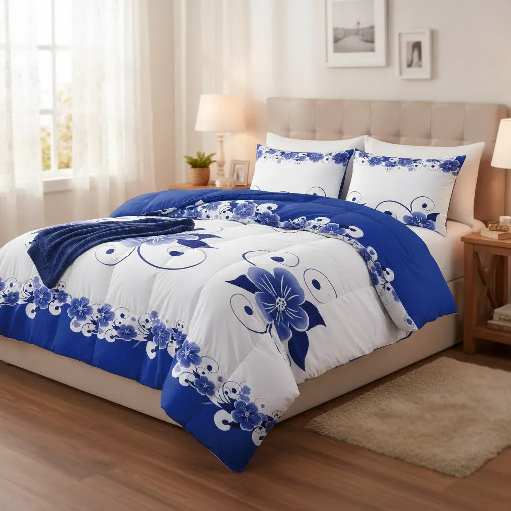 Blue White Floral Duvet Cover Set 3 Piece Ultra Soft Microfiber Queen King California King