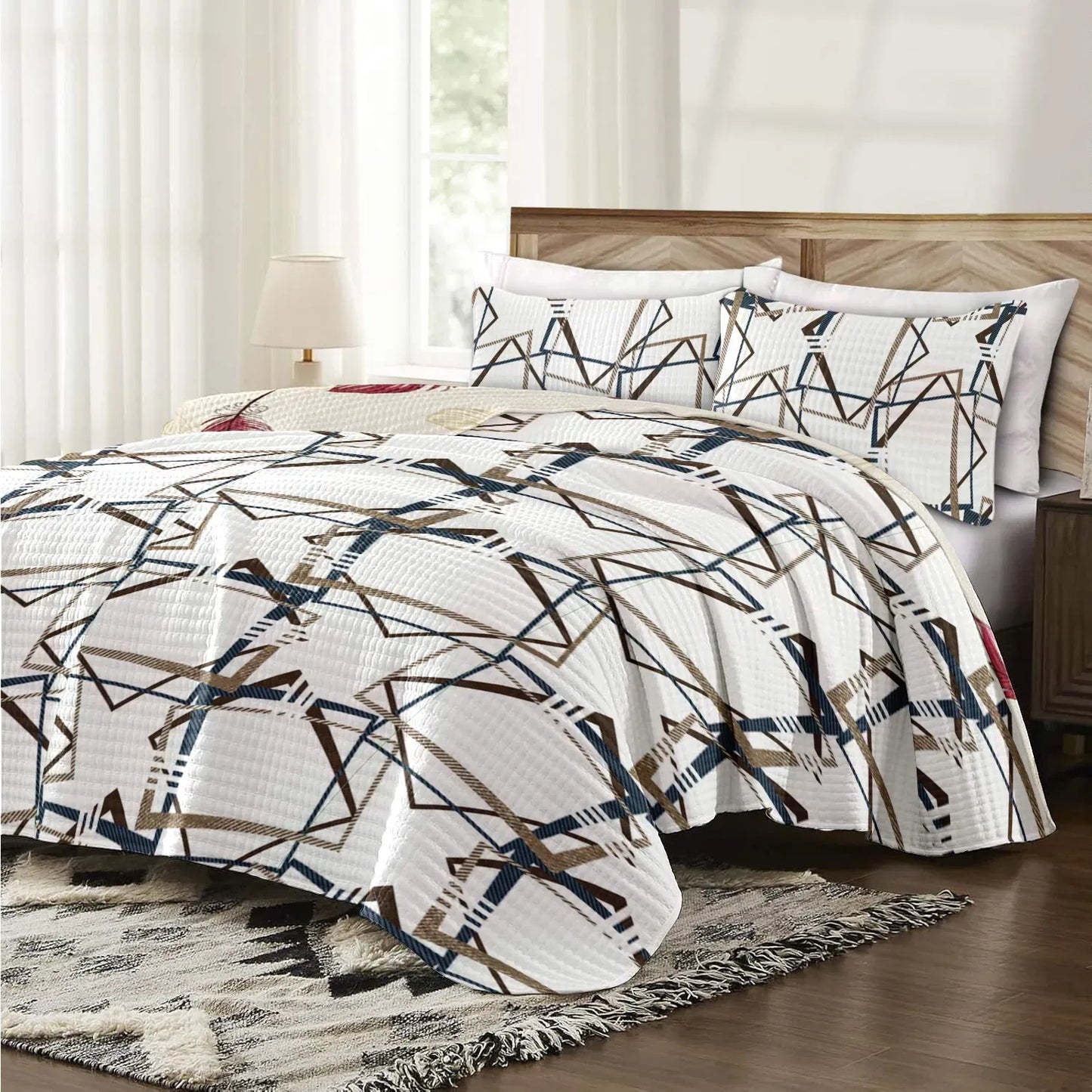 9 Piece Bed in a Bag Set Brown Geometric Bedspread Curtains Queen King Cal