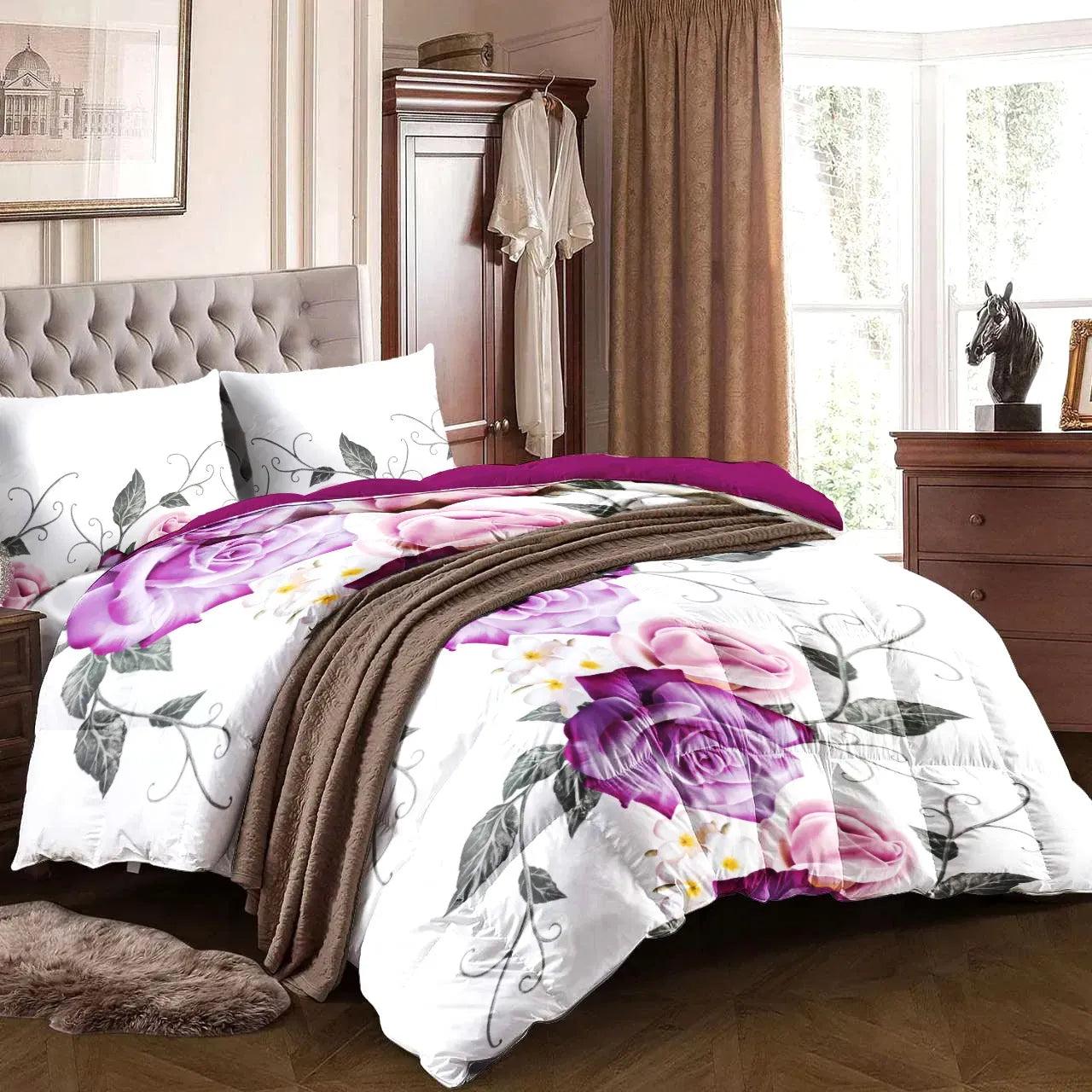 9 Piece Purple Rose Bedspread Curtain Set Queen King Cal King Bedding