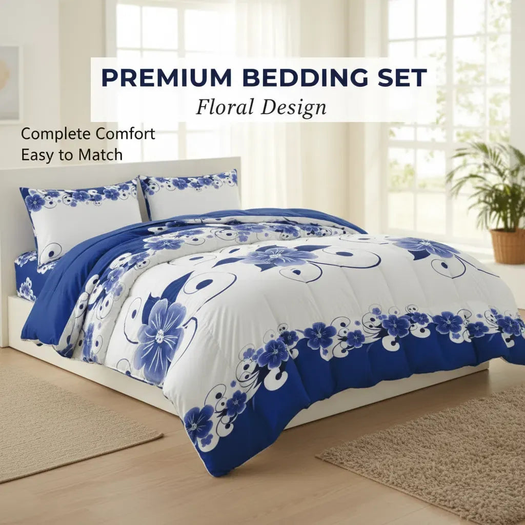 Blue White Floral Duvet Cover Set 3 Piece Ultra Soft Microfiber Queen King California King