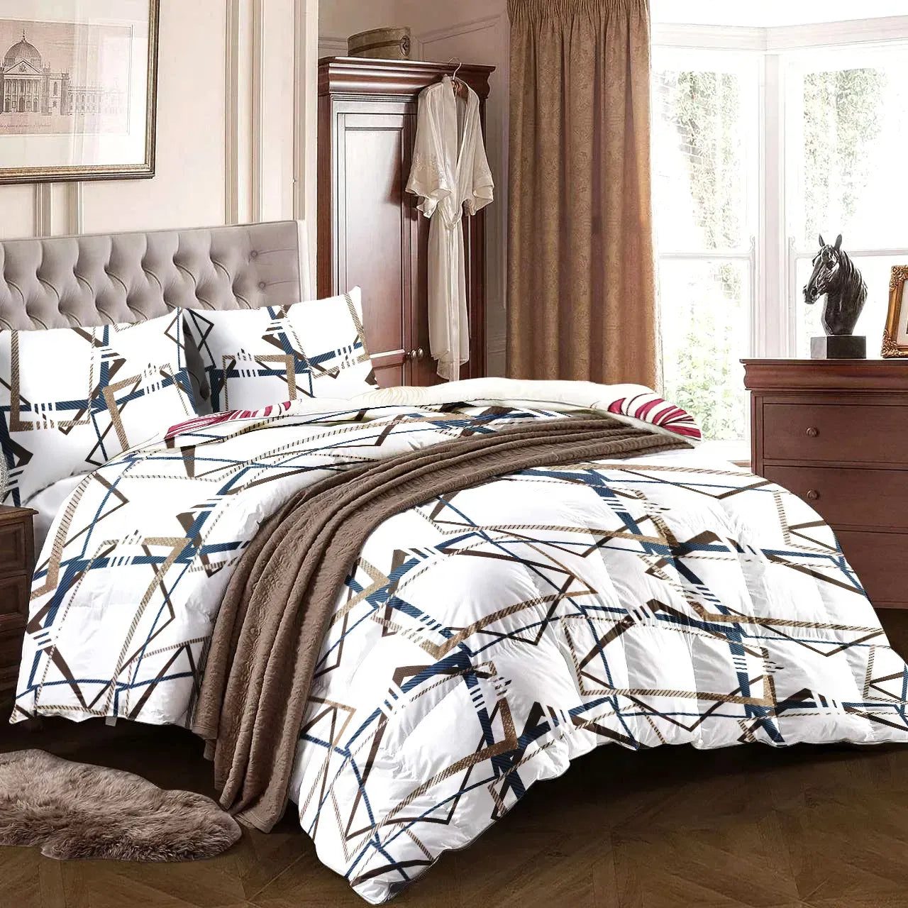 9 Piece Bed in a Bag Set Brown Geometric Bedspread Curtains Queen King Cal
