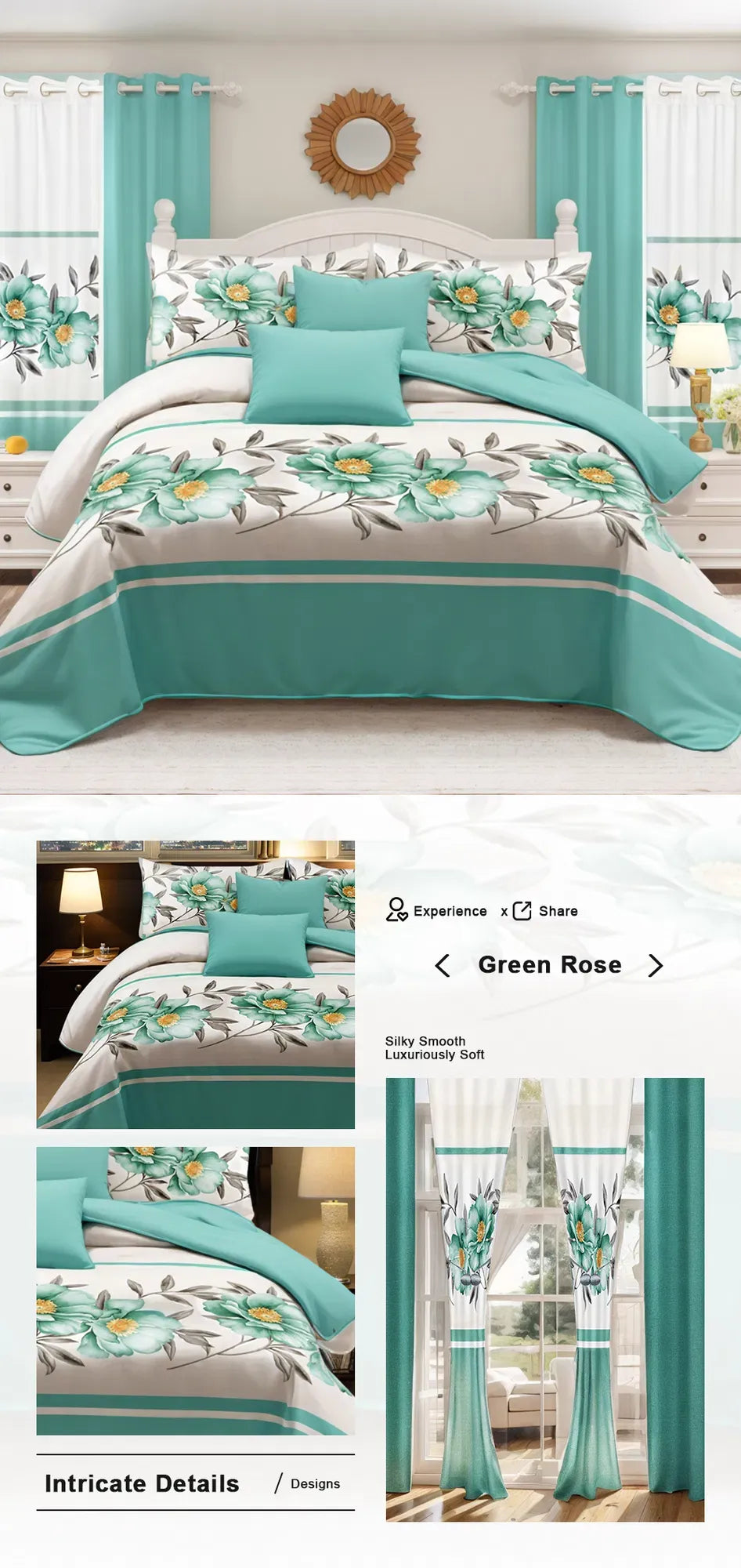 9 Piece Green Rose Floral Bedspread Curtain Set Queen King Cal King Bedding