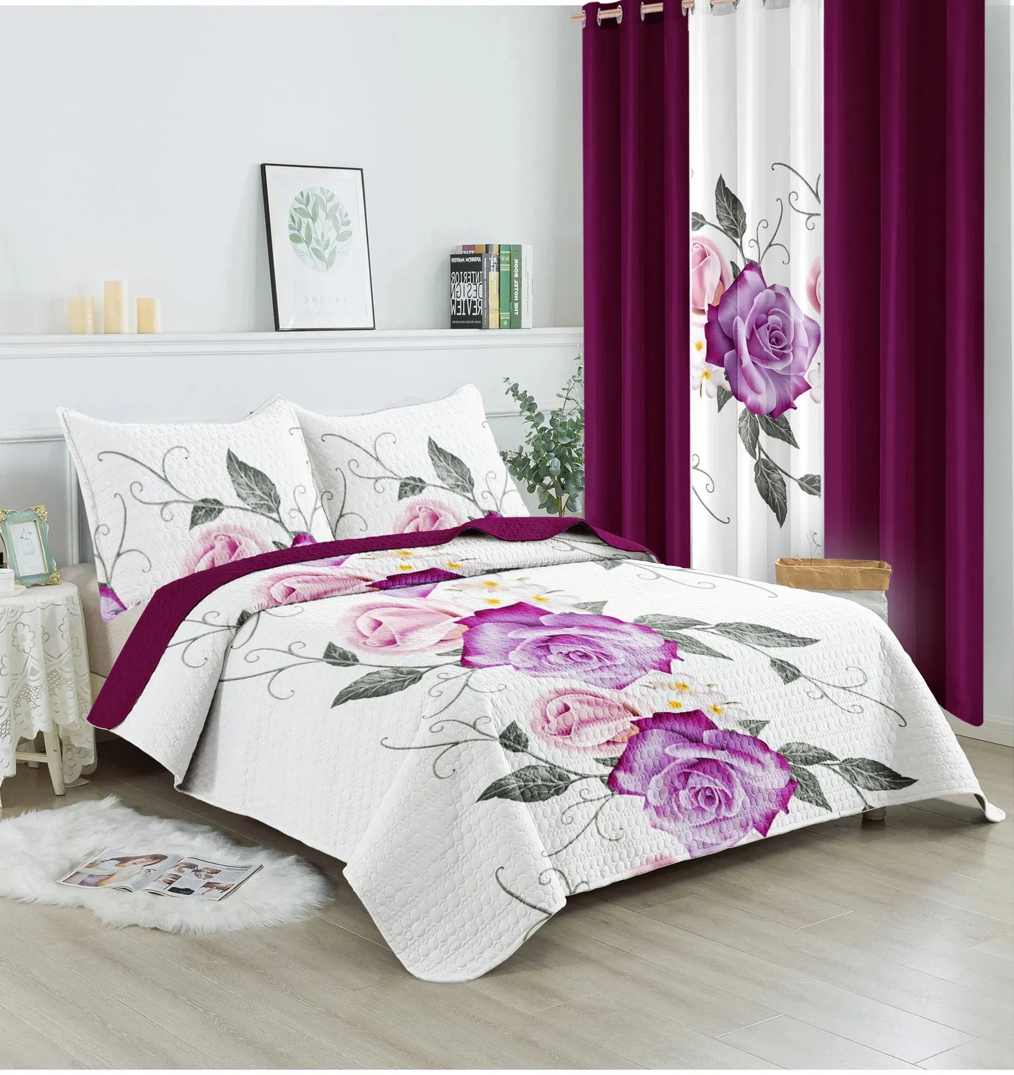 9 Piece Purple Rose Bedspread Curtain Set Queen King Cal King Bedding