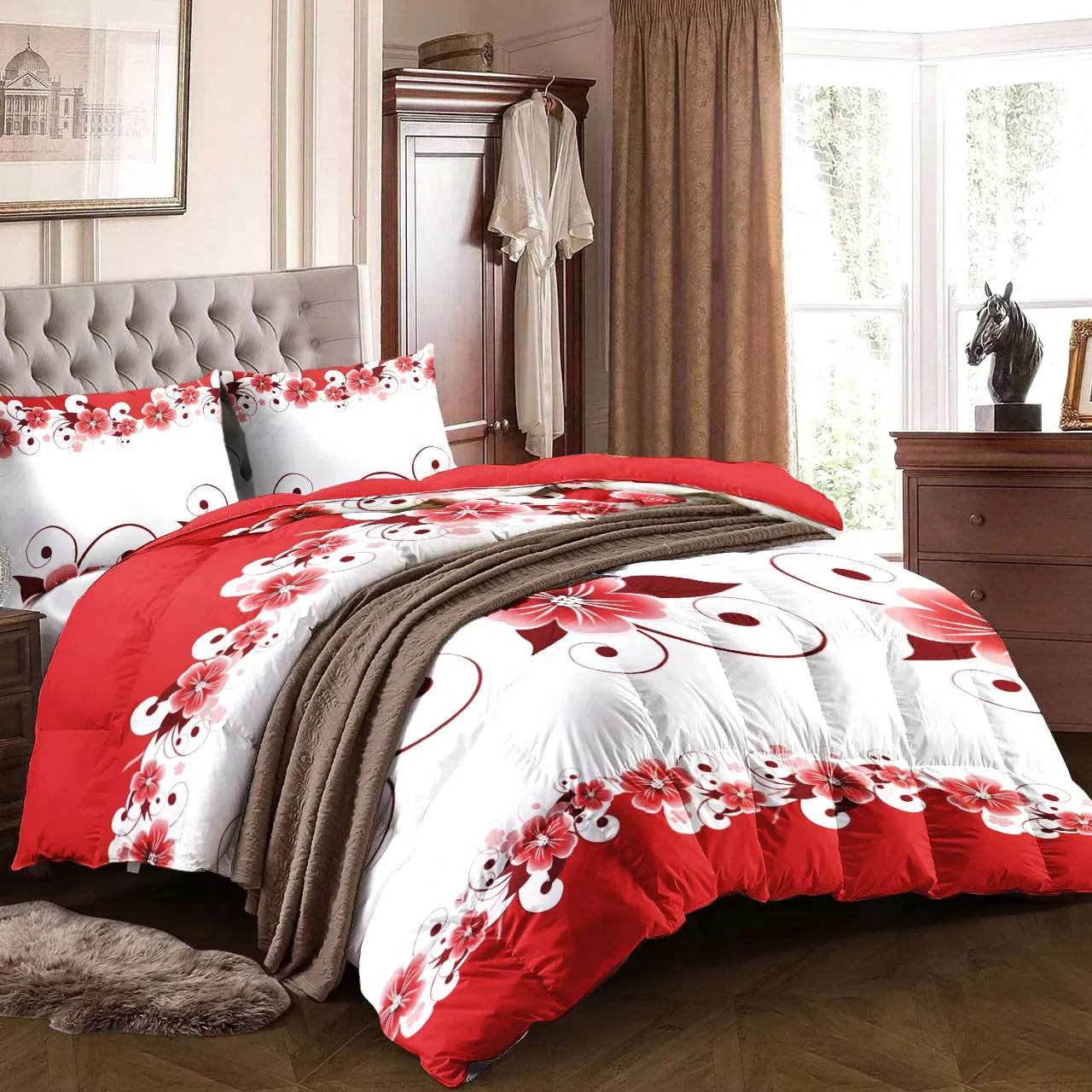 3 Piece Charcoal Grey Botanical Quilt Set White Leaf Vine Bedspread Queen King