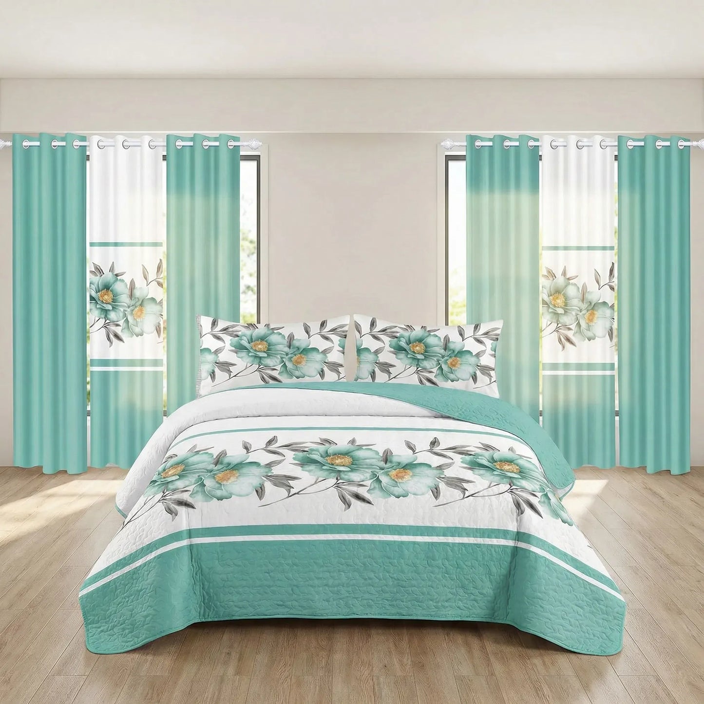 9 Piece Green Rose Floral Bedspread Curtain Set Queen King Cal King Bedding