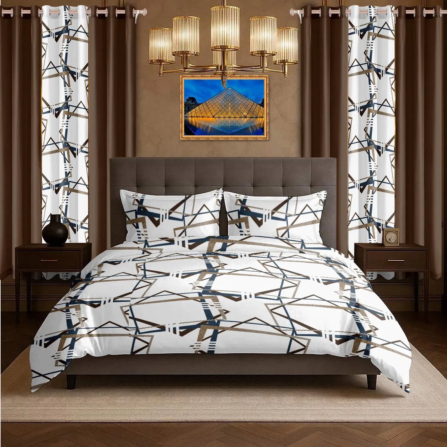 9 Piece Bed in a Bag Set Brown Geometric Bedspread Curtains Queen King Cal