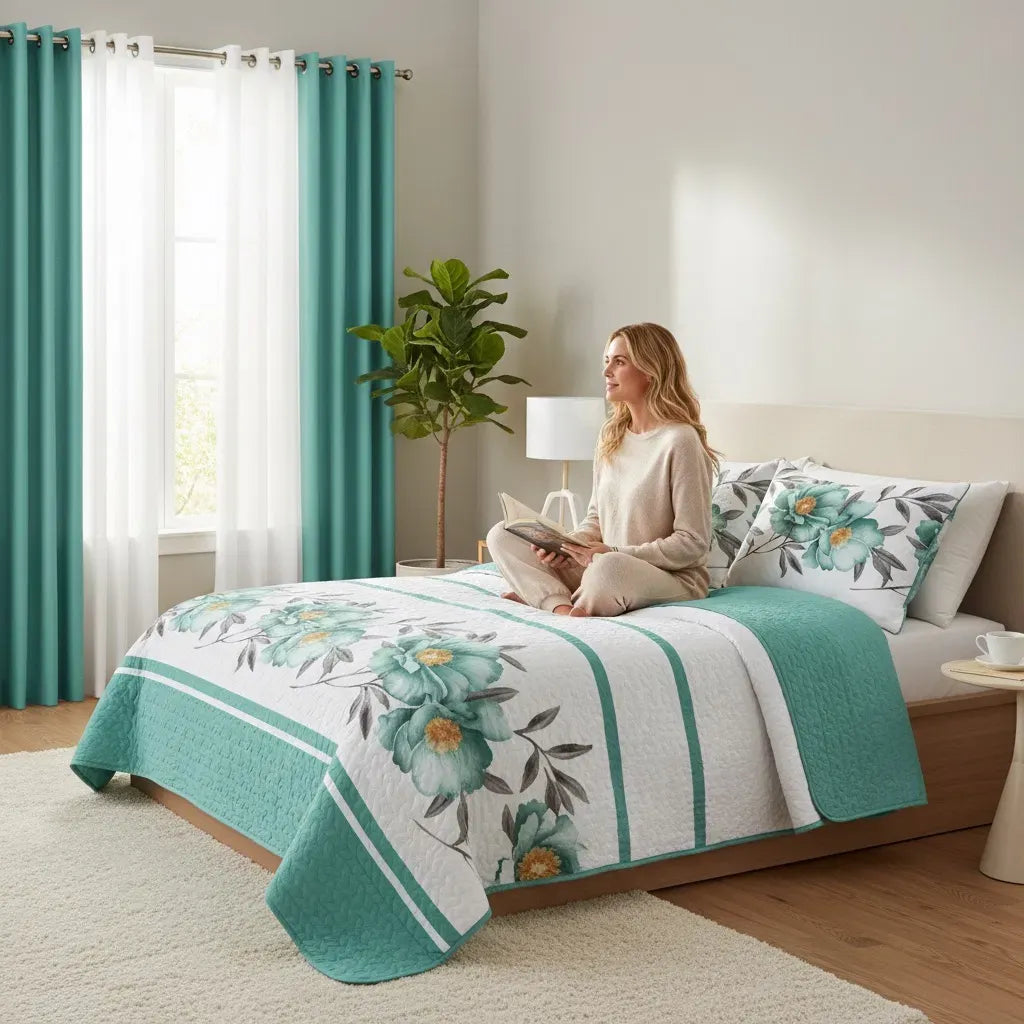 9 Piece Green Rose Floral Bedspread Curtain Set Queen King Cal King Bedding