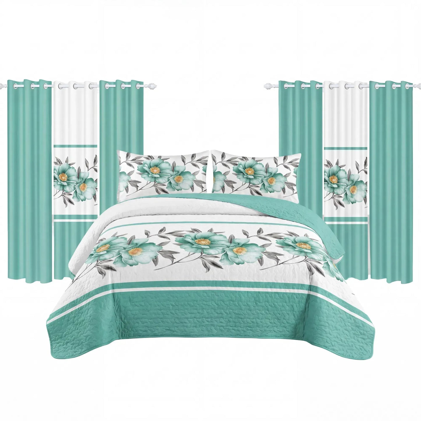 9 Piece Green Rose Floral Bedspread Curtain Set Queen King Cal King Bedding