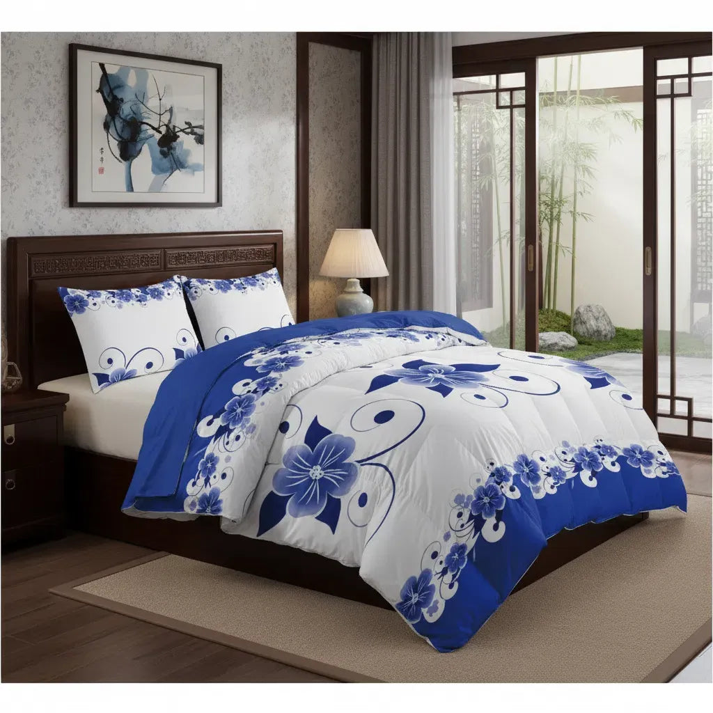 Blue White Floral Duvet Cover Set 3 Piece Ultra Soft Microfiber Queen King California King