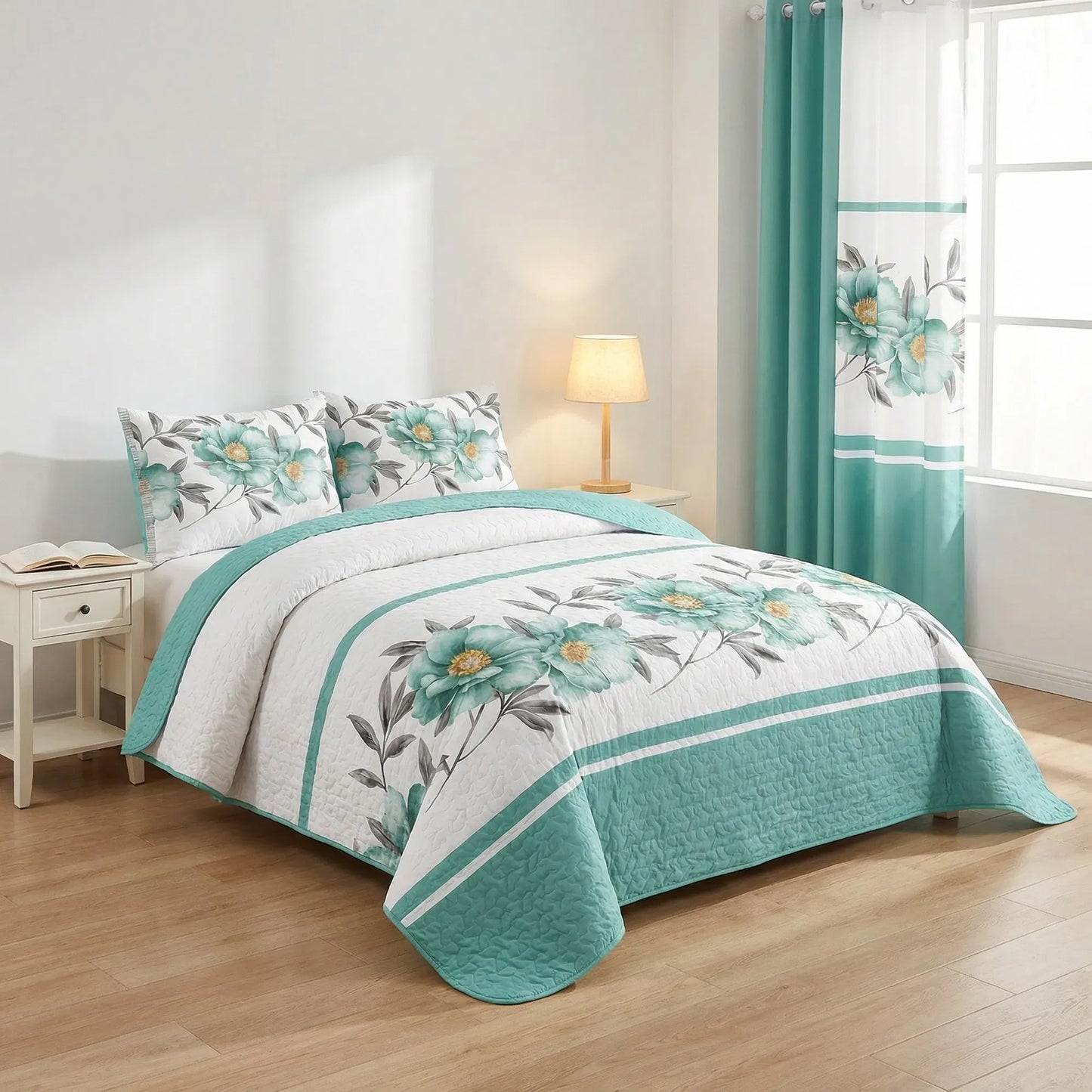 9 Piece Green Rose Floral Bedspread Curtain Set Queen King Cal King Bedding