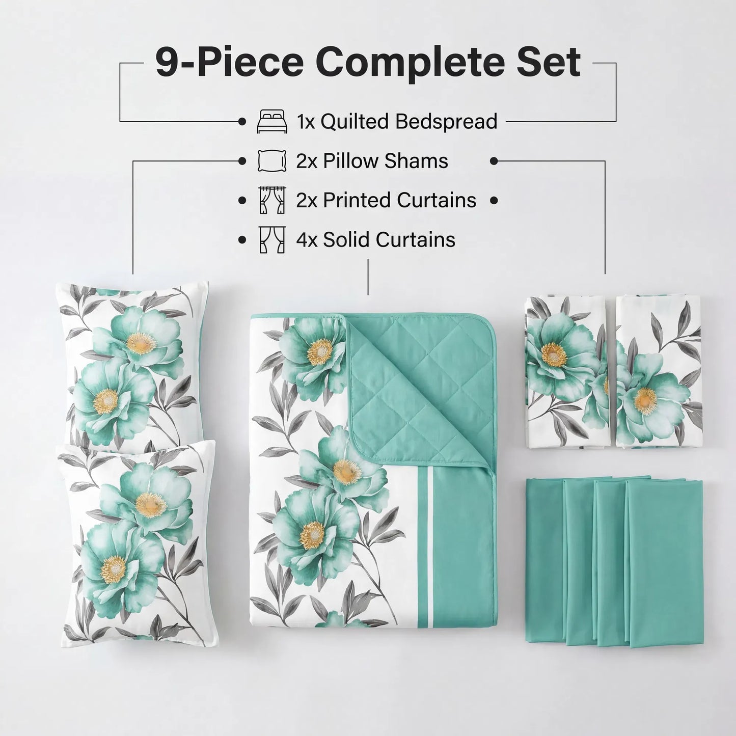 9 Piece Green Rose Floral Bedspread Curtain Set Queen King Cal King Bedding