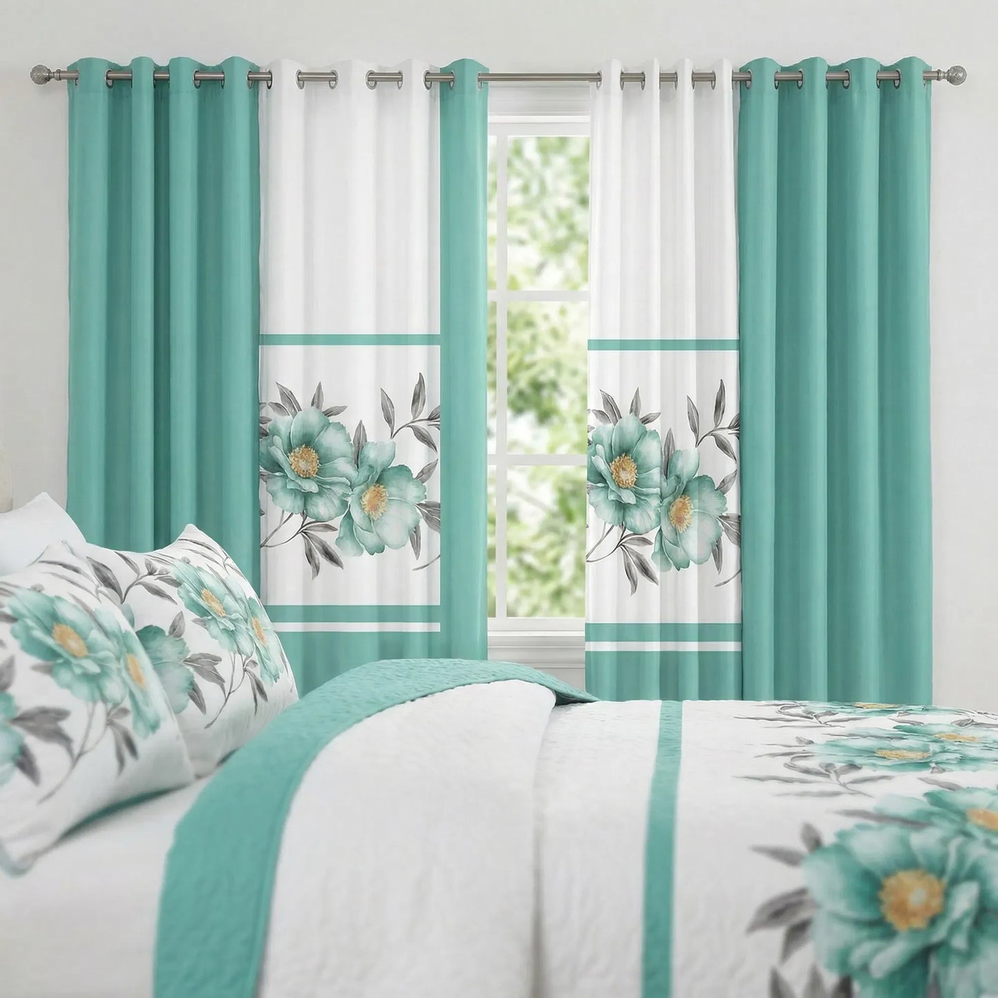 9 Piece Green Rose Floral Bedspread Curtain Set Queen King Cal King Bedding