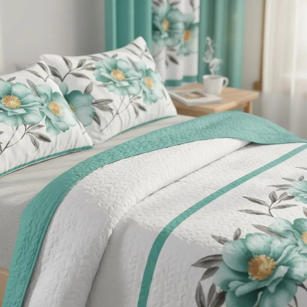 9 Piece Green Rose Floral Bedspread Curtain Set Queen King Cal King Bedding