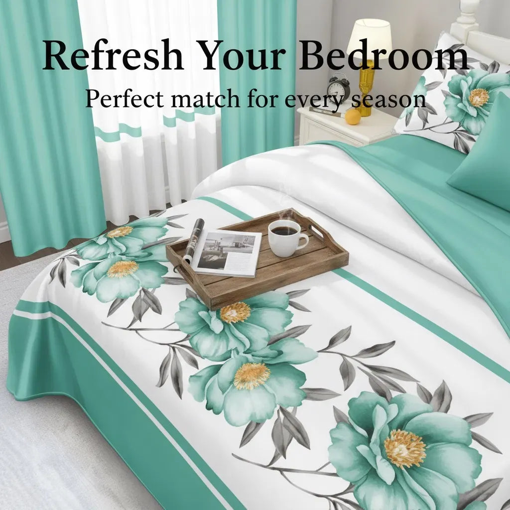 9 Piece Green Rose Floral Bedspread Curtain Set Queen King Cal King Bedding