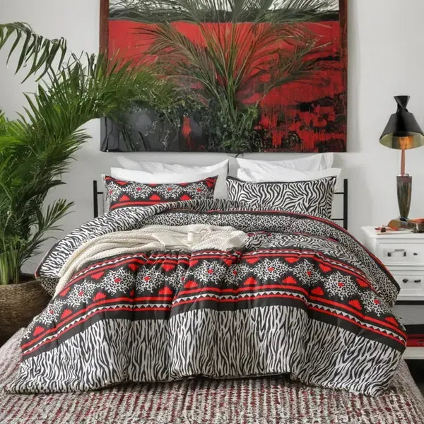 Felicie Quilt 3 Piece Set King Red Black White Zebra Leopard Tribal Bedding