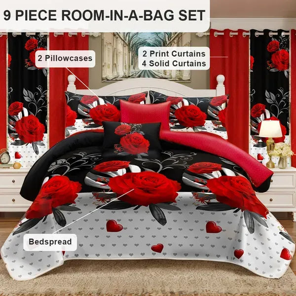 9 Piece Red Rose Heart Bedspread Curtain Set Queen King Cal King Bedding