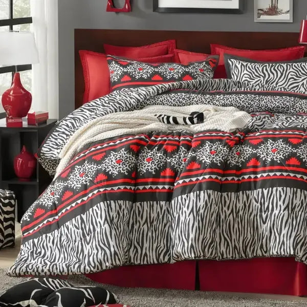 Felicie Quilt 3 Piece Set King Red Black White Zebra Leopard Tribal Bedding