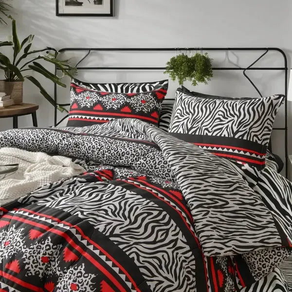 Felicie Quilt 3 Piece Set King Red Black White Zebra Leopard Tribal Bedding