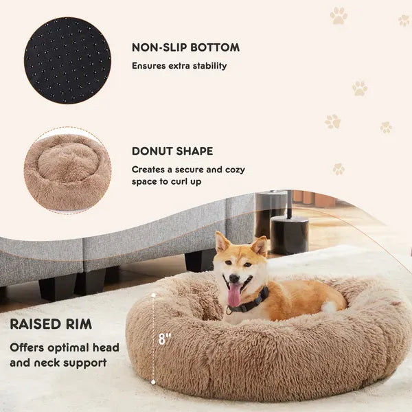 24" Donut Dog Bed Fluffy Round Faux Fur Pet Bed Small Dogs Cats Washable Non Slip