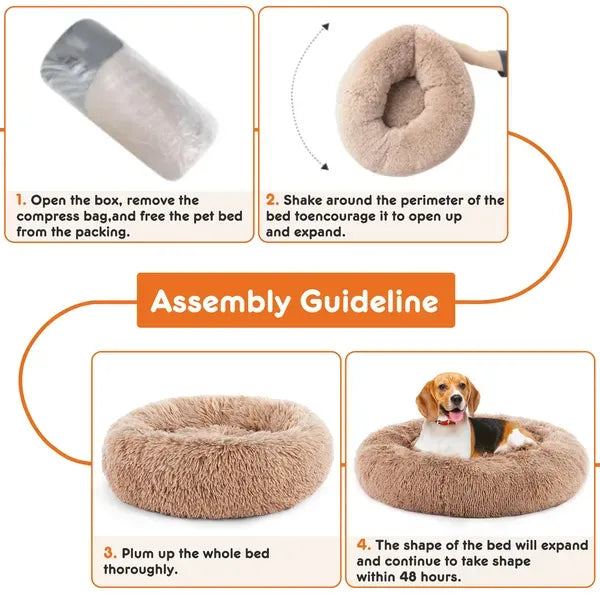 24" Donut Dog Bed Fluffy Round Faux Fur Pet Bed Small Dogs Cats Washable Non Slip