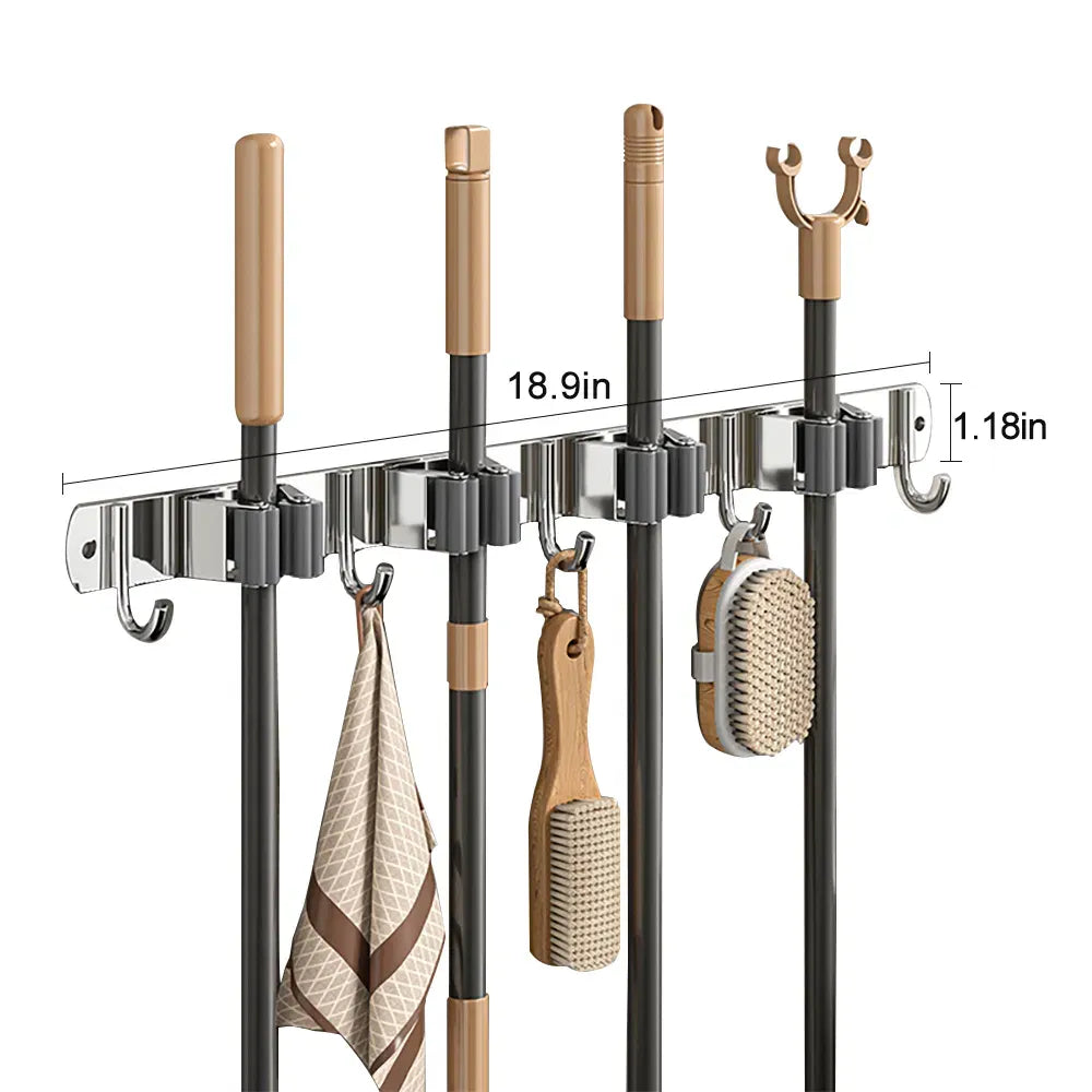 Stainless Steel Broom Holder Wall Mount Mop Organizer Rack 4 Clips 5 Hooks Garage