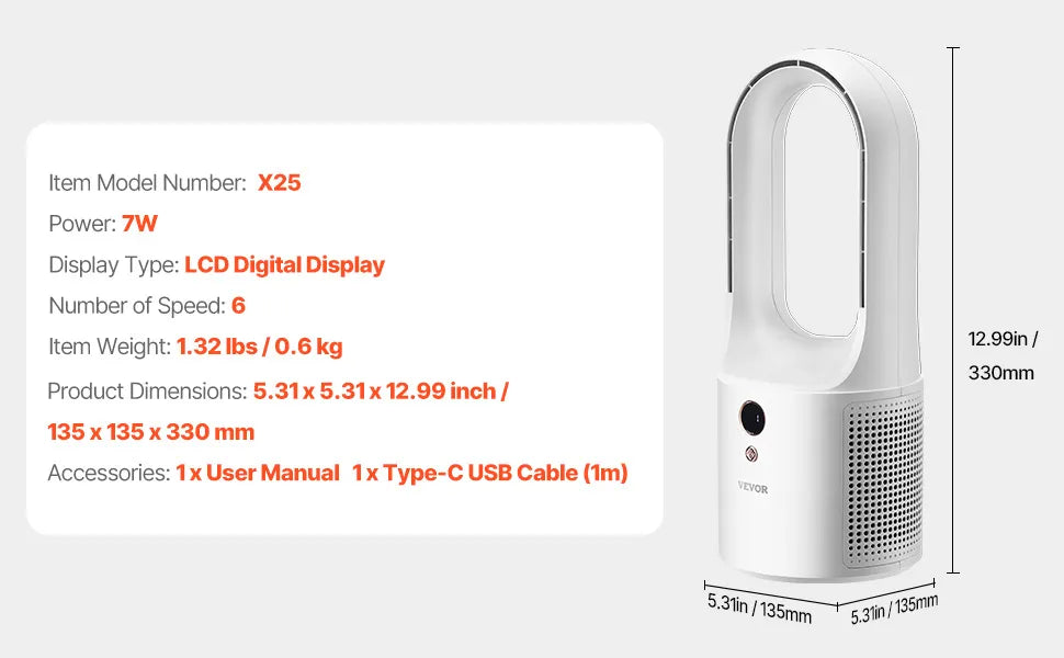 VEVOR Bladeless Desk Fan 12.99in USB Quiet 6 Speed Tower Fan Kids Safe