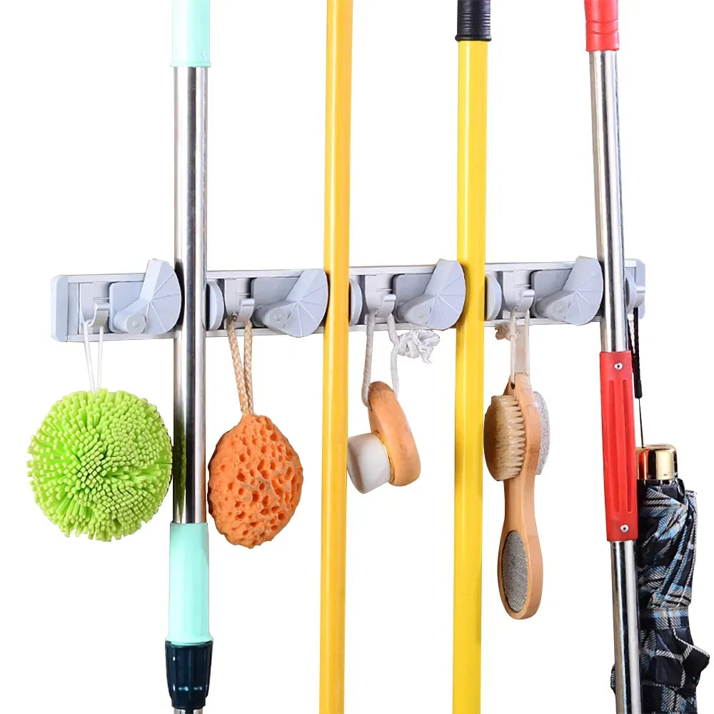 Wall Mount Broom and Mop Holder Heavy Duty Metal Tool Organizer Rack With Hooks