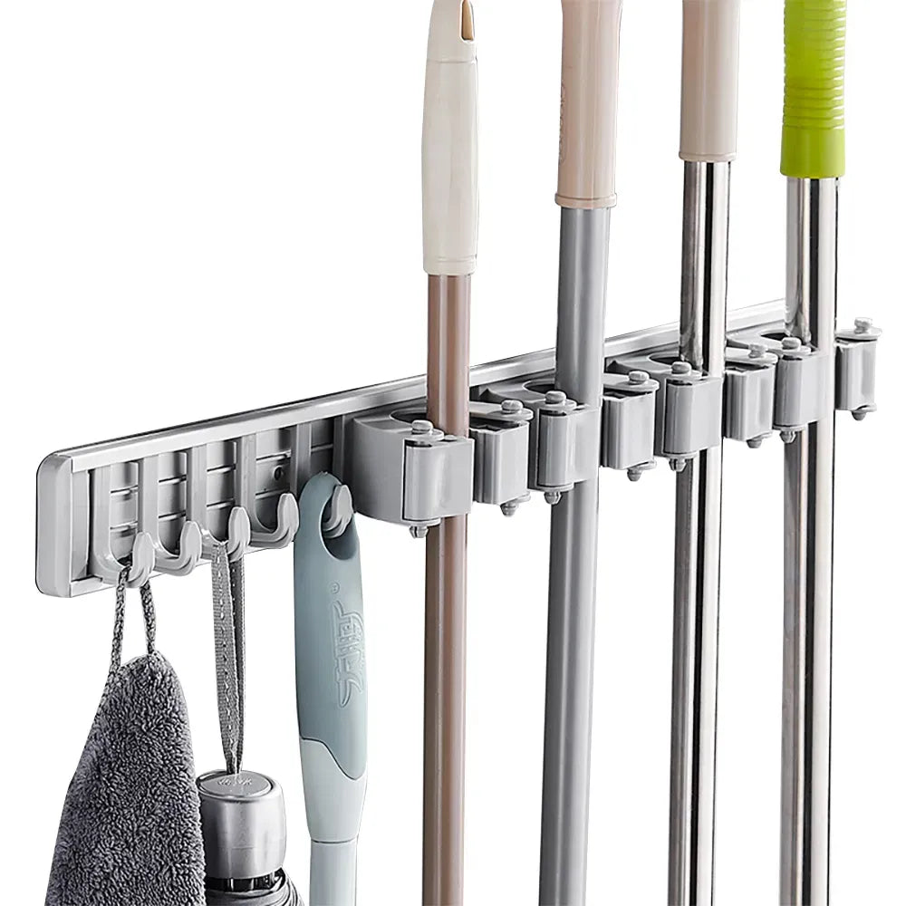 Wall Mount Broom and Mop Holder Heavy Duty Metal Tool Organizer Rack With Hooks