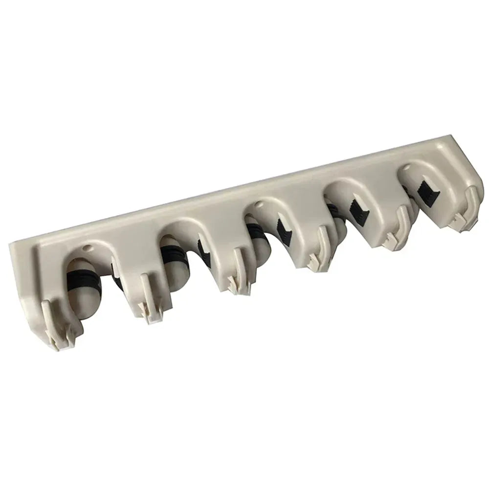 Broom Holder Wall Mount Mop and Broom Organizer Rack 5 Slots 6 Hooks White