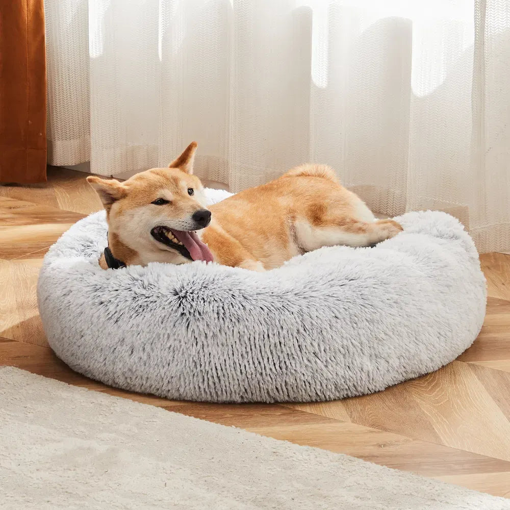 24" Donut Dog Bed Fluffy Round Faux Fur Pet Bed Small Dogs Cats Washable Non Slip