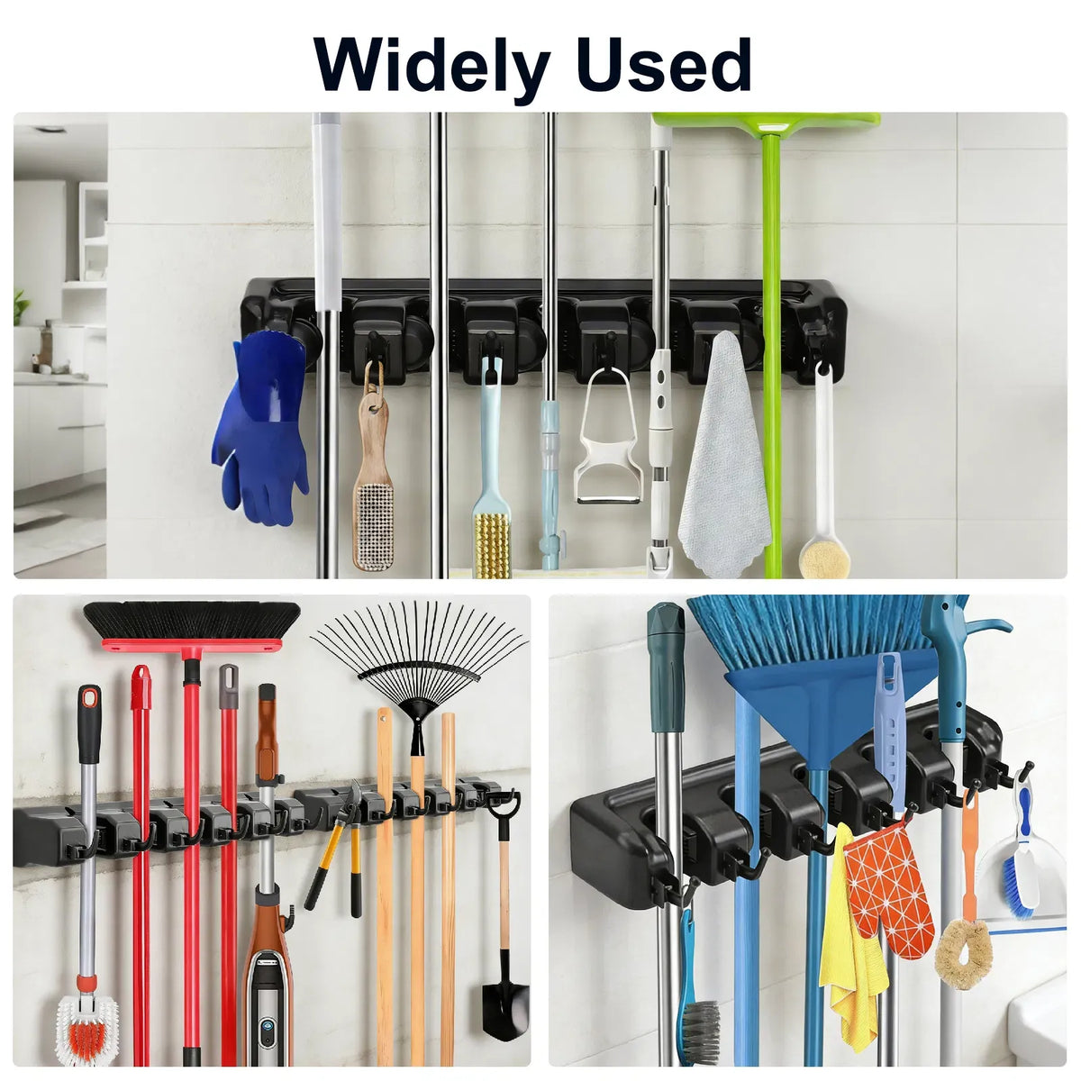 Mop Broom Holder Wall Mount 5 Slot Black Garage Tool Storage Organizer Rack