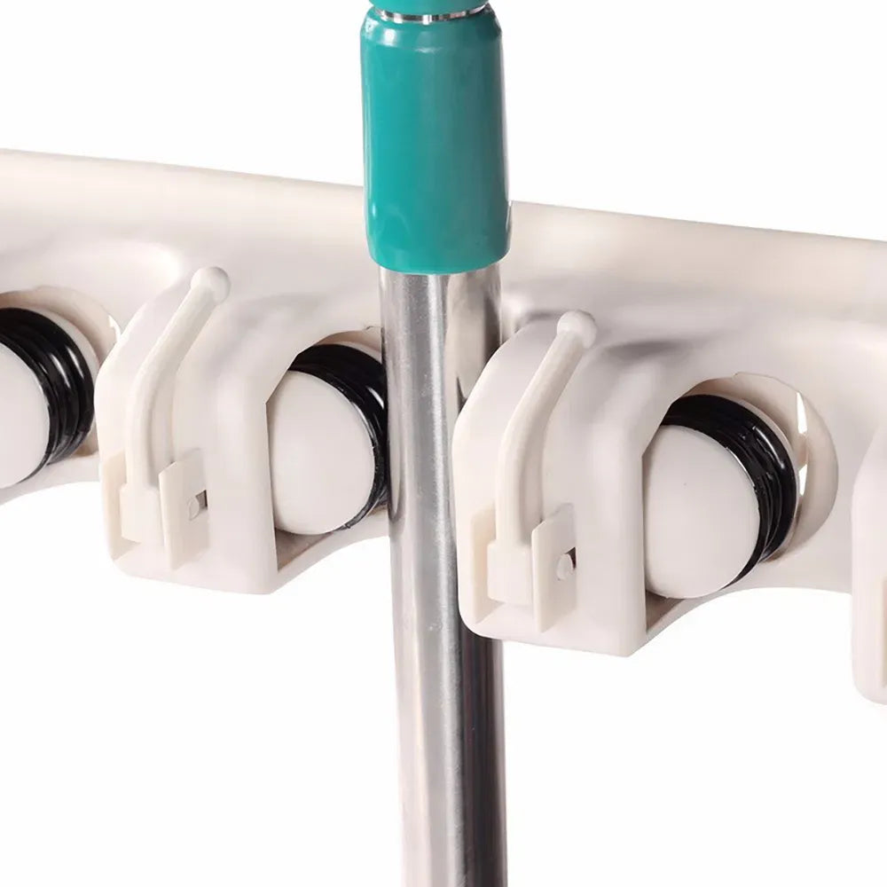 Broom Holder Wall Mount Mop and Broom Organizer Rack 5 Slots 6 Hooks White