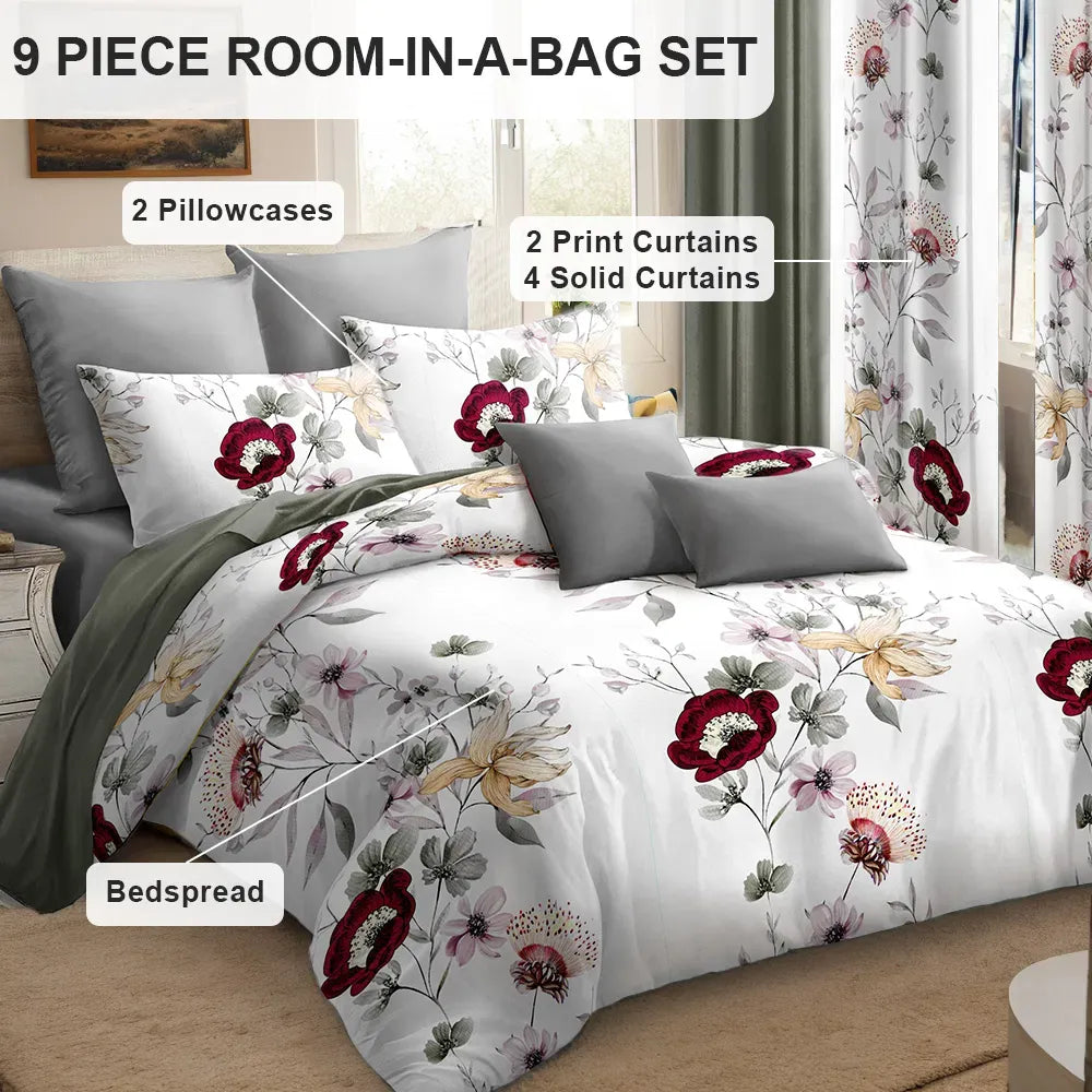 9 Piece Sage Green Watercolor Floral Bedspread Curtain Set Queen King Cal King