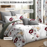 9 Piece Sage Green Watercolor Floral Bedspread Curtain Set Queen King Cal King