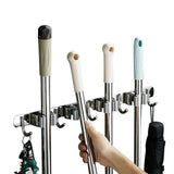 Stainless Steel Broom Holder Wall Mount Mop Organizer Rack 4 Clips 5 Hooks Garage