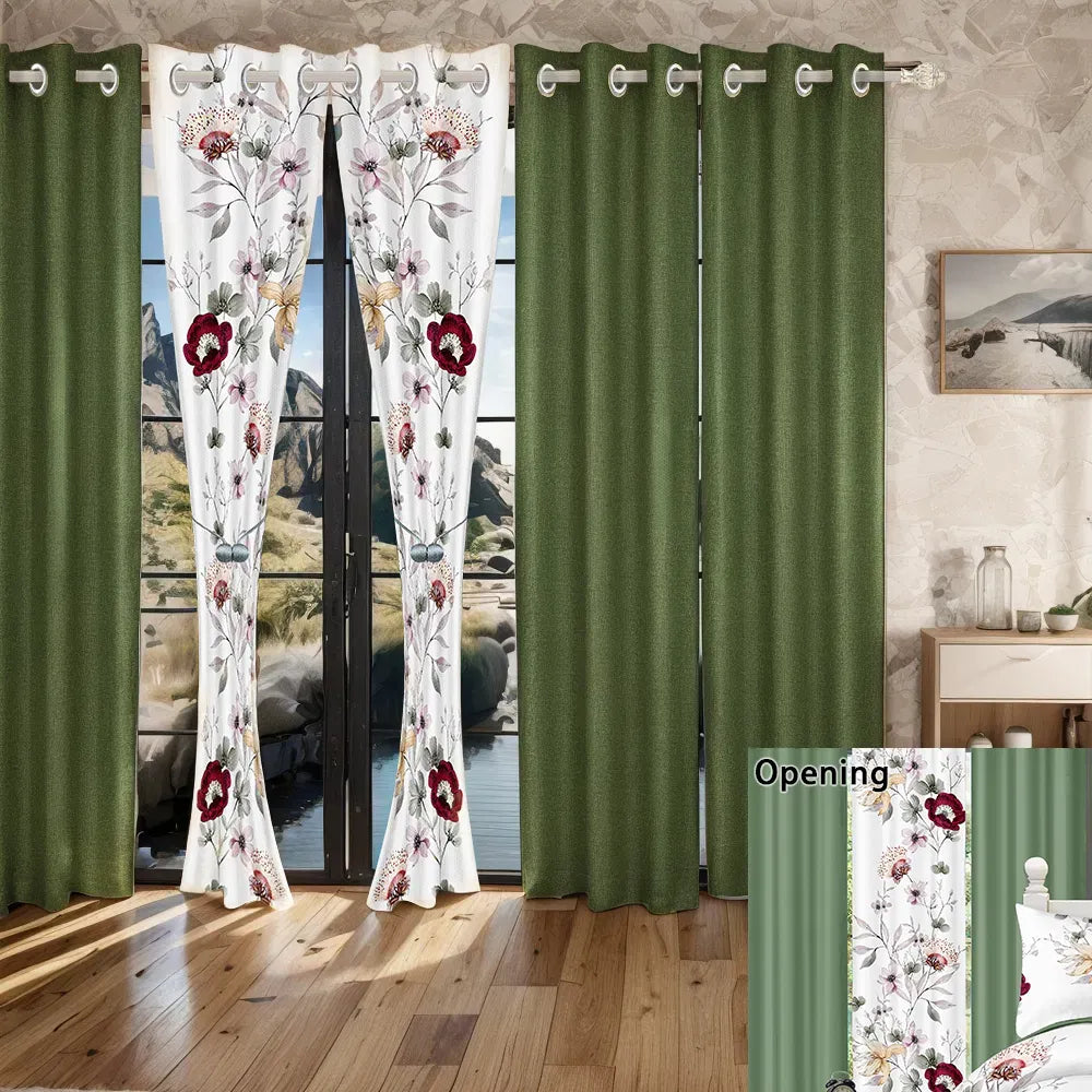 9 Piece Sage Green Watercolor Floral Bedspread Curtain Set Queen King Cal King