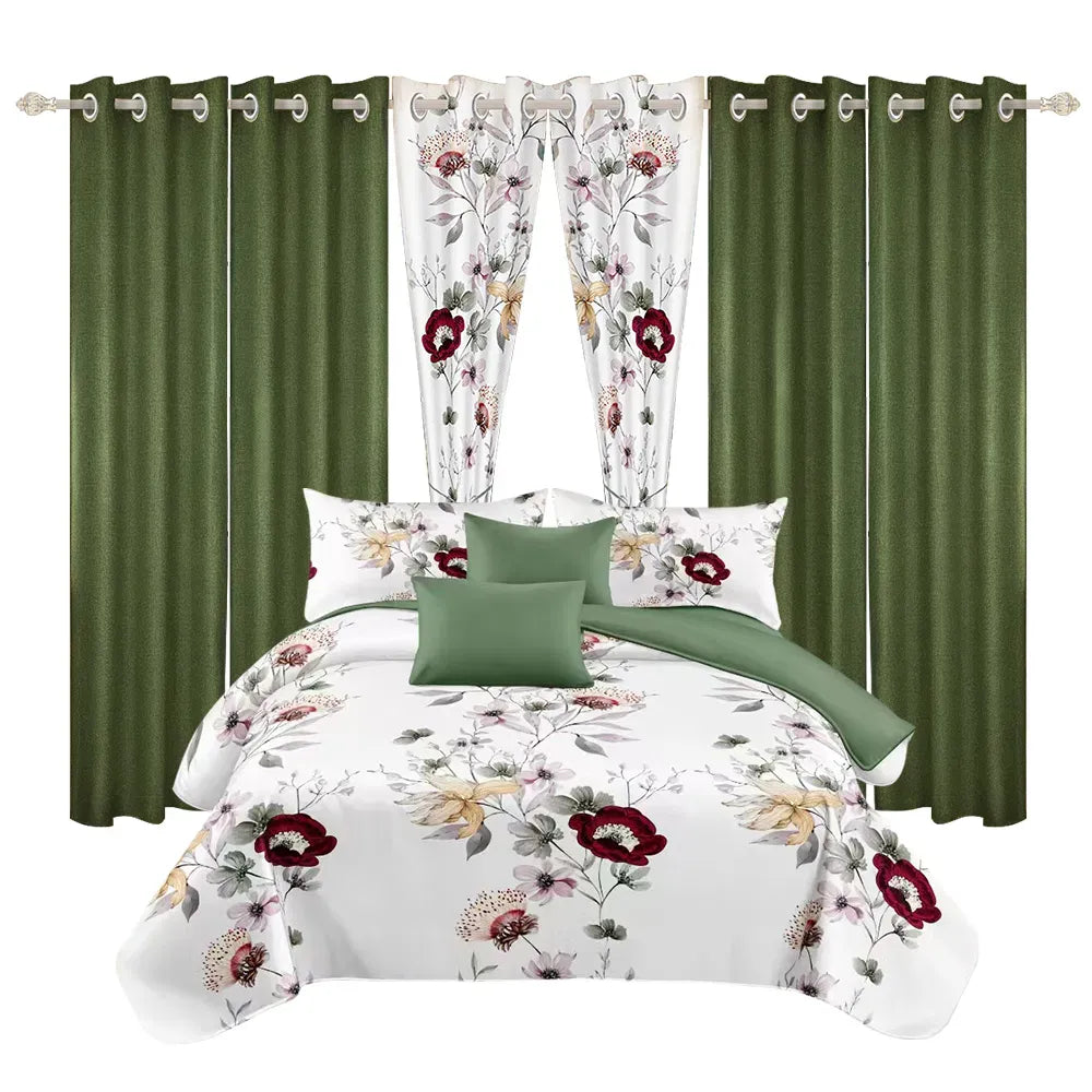 9 Piece Sage Green Watercolor Floral Bedspread Curtain Set Queen King Cal King