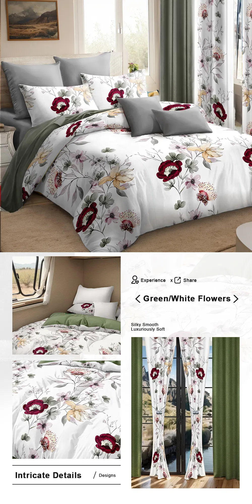 9 Piece Sage Green Watercolor Floral Bedspread Curtain Set Queen King Cal King