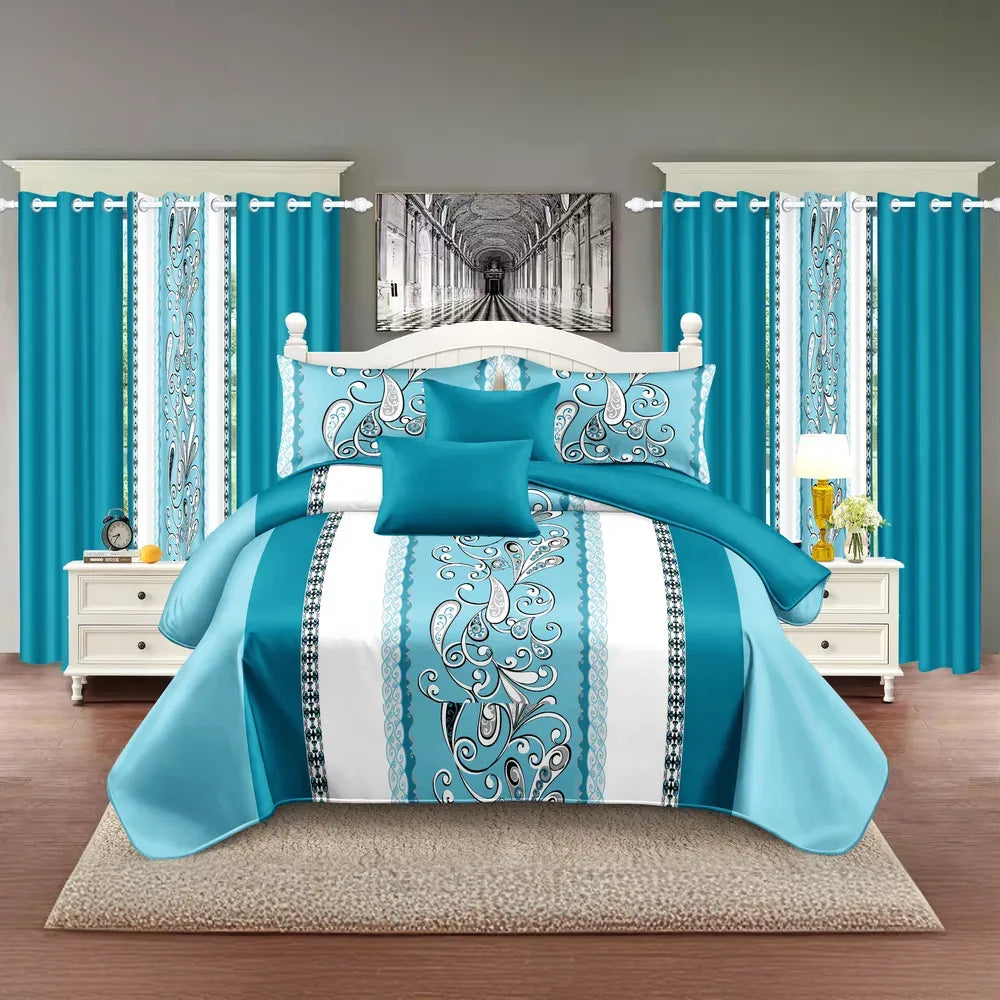 9 Piece Turquoise Paisley Bedspread Curtain Set Queen King Cal King Bedding